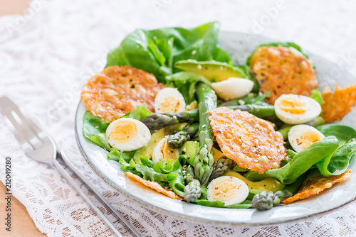 Asparagus Salad with quails eggs and cheese crisps