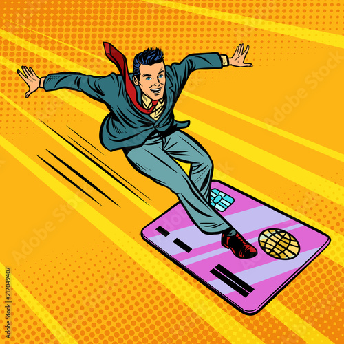 businessman and credit card. snowboarding or surfing