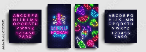 Hookah lounge menu design template vector. Hookah lounge typography modern trend design, vertical banners, nightlife neon advertising hookah. Vector Illustration. Editing text neon sign