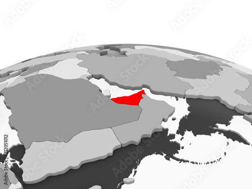 United Arab Emirates on grey globe