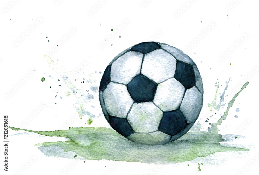 Isolated watercolour illustration of realistic black and white soccer ball with green splash