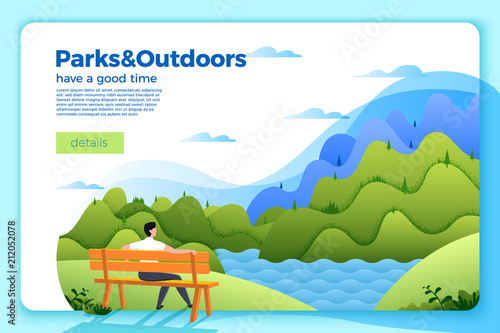 Vector bright banner template with man on a bench on the river bank, on bright summer background with mountains and forests. With place for your text.