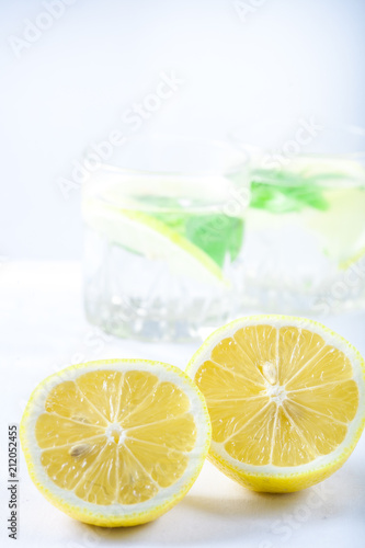 Basil lemon water. Drink infused water cocktail. Healthy lifestyle concept. Copy space