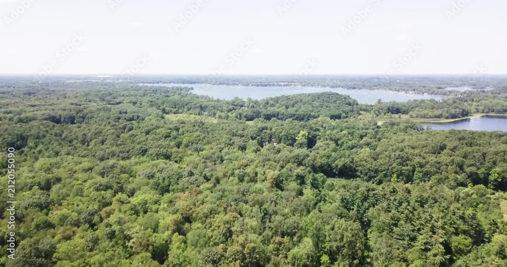Drone approach to a lake surrounded by trees. Drone approach to a lake surrounded by trees.