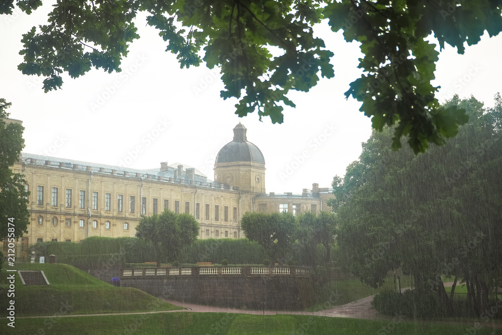 Great Gatchina Palace during the summer rain. Russia. Gatchina.