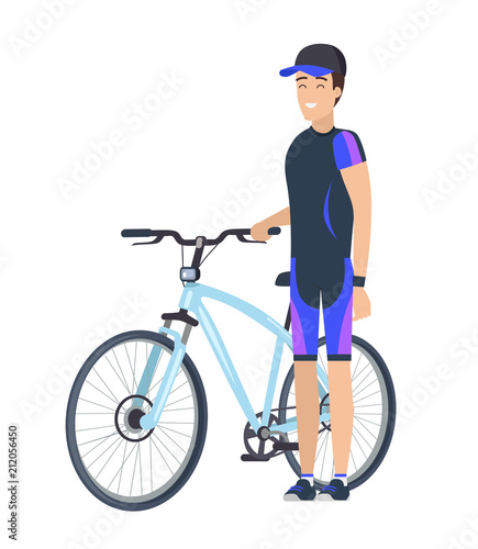 Biking Concept Icon of Male in Cap Standing Bike