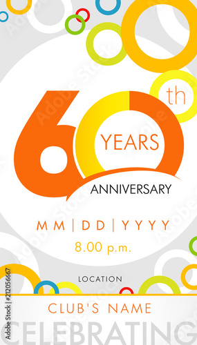 60 years anniversary invitation card, celebration template concept. 60th years anniversary modern design elements with background colored circles. Vector illustration