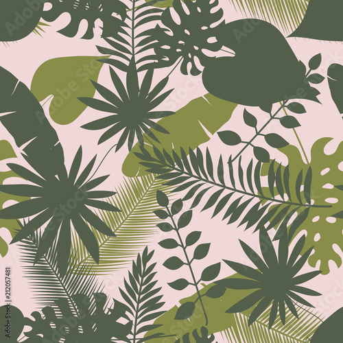 Green tropical leaves seamless pattern background for ads, wallpaper or summer sale banner. Tropical exotic leaves on pink background, vector illustration