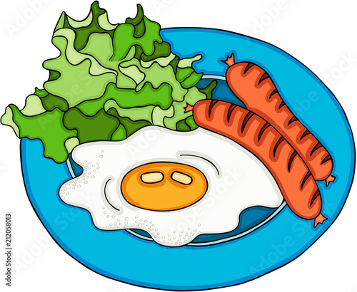 Tasty lunch with grilled sausage, fried egg and lettuce