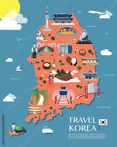 Map Of Korea Attractions Vector And Illustration.