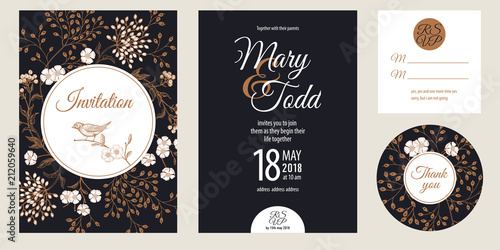 Vintage greeting and invitations card with flowers and bird set.
