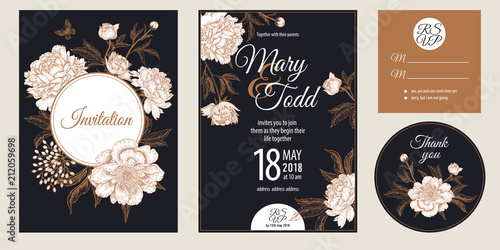 Vintage greeting and invitations card with flowers peonies set.