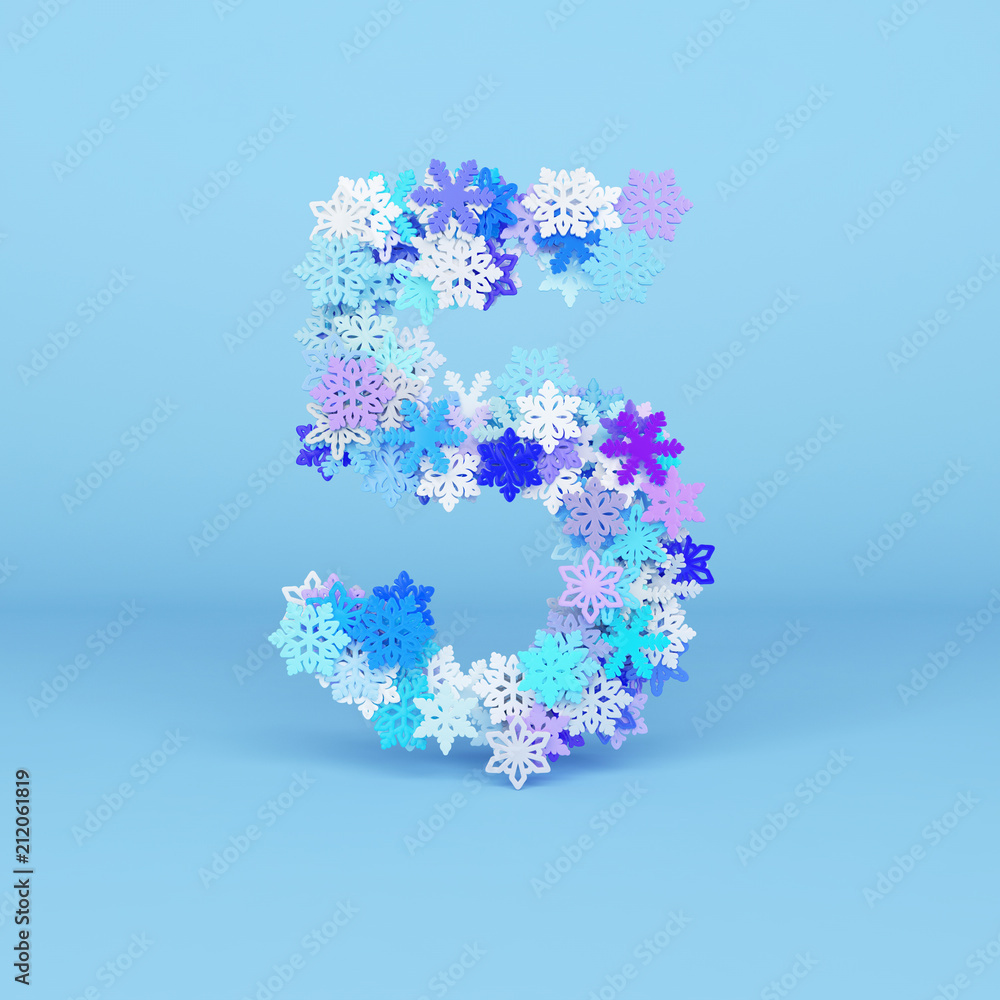 Winter alphabet number 5. Christmas font made of snowflakes. 3D render.