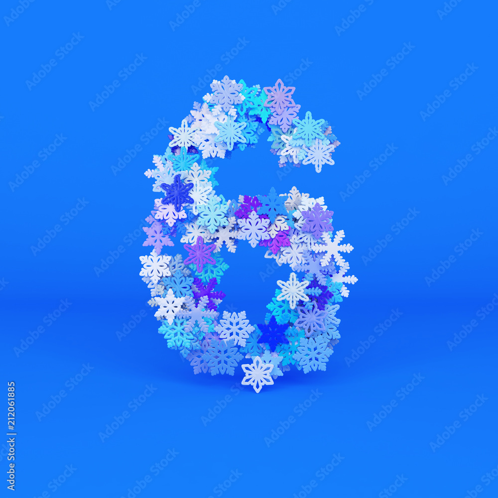 Winter alphabet number 6. Christmas font made of snowflakes. 3D render.
