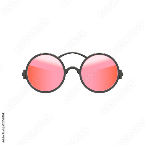 Round/circular hipster sunglasses with red-pink lenses and gray metal frame. Fashion accessory for women. Flat vector icon