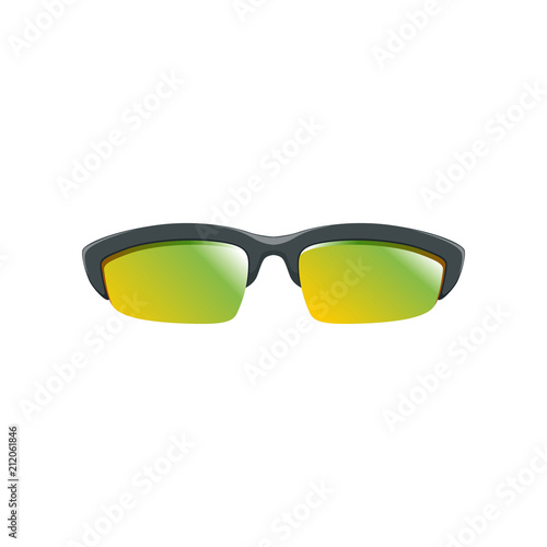 Sport sunglasses with yellow-green polarized lenses and black half frame. Flat vector icon of protective eyeglasses. Accessory for men and women
