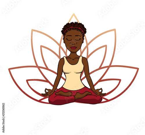 Vector doodle illustration of young cute african girl meditating in lotus pose with flower petals behind. Cartoon character for yoga and meditation practice isolated on white.