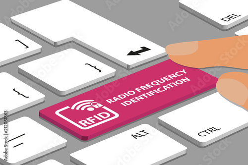 Keyboard With Pink RFID Button - Computer Or Laptop With Fingers - Vector Illustration