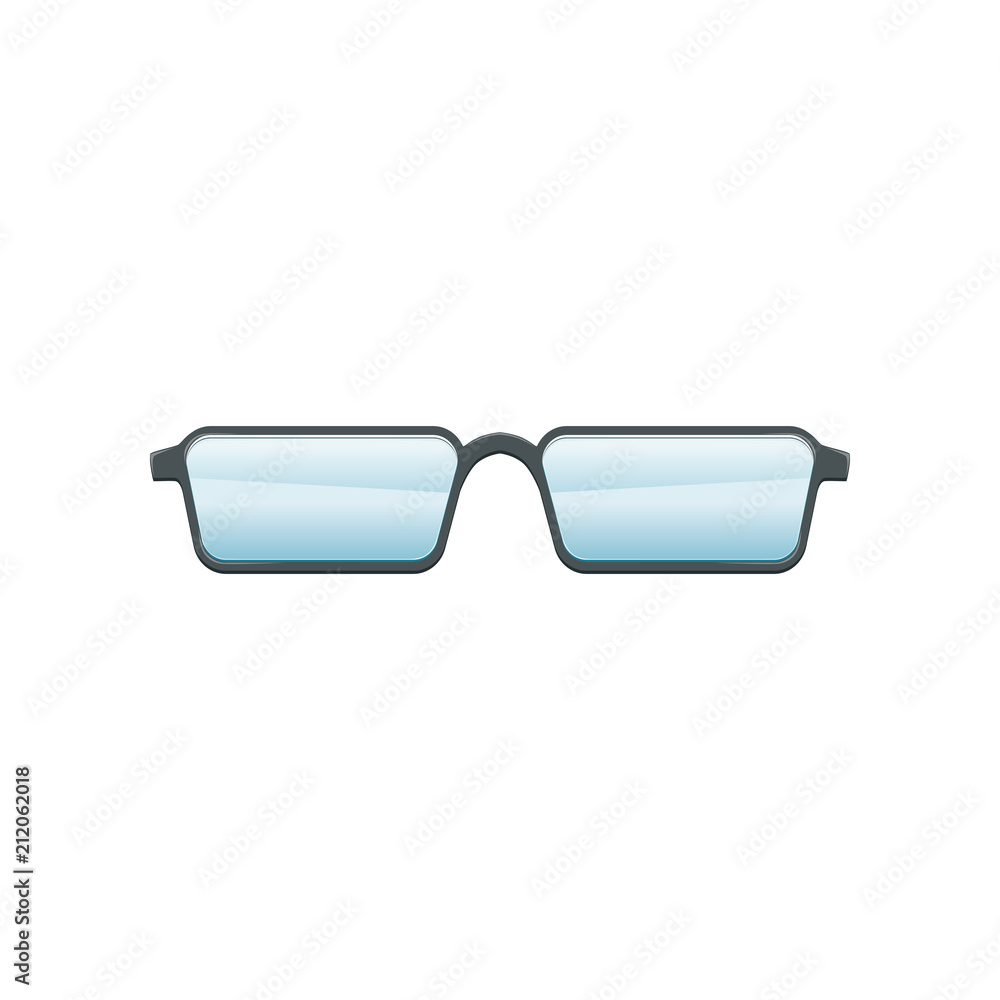 Glasses with blue lenses and gray metallic frame. Flat vector design for mobile application or promo poster of optical store Glasses with blue lenses and gray metallic frame. Flat vector design for mobile application or promo poster of optical store