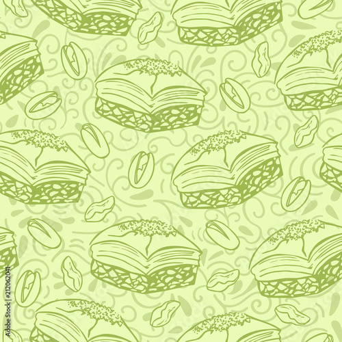 Neutral vector seamless pattern with famous middle eastern dessert Baklava with pistachio nuts. Hand drawn doodle objects on floral ornament with swirls on green background. Print  whapping paper
