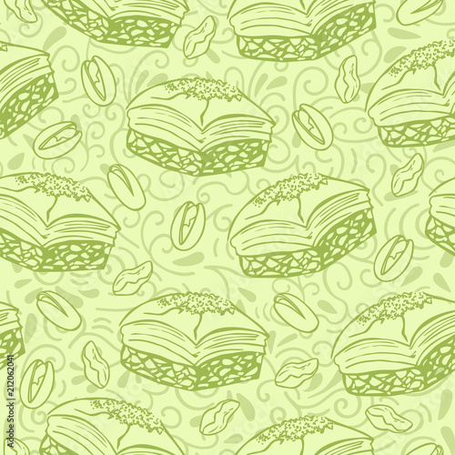 Neutral vector seamless pattern with famous middle eastern dessert Baklava with pistachio nuts. Hand drawn doodle objects on floral ornament with swirls on green background. Print, whapping paper