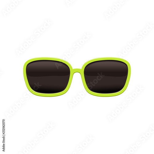 Rectangular sunglasses with black lenses and green frame. Protective eyewear from bright sunlight. Flat vector design