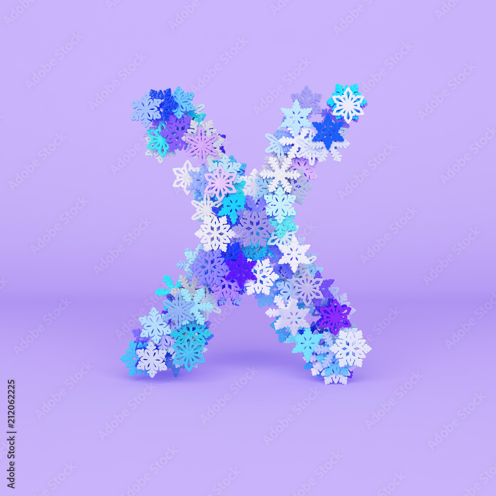 Winter alphabet letter X uppercase. Christmas font made of snowflakes. 3D render. Winter alphabet letter X uppercase. Christmas font made of snowflakes. 3D render.