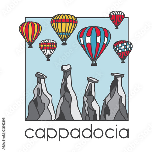 Modern illustration of a famous turkish travel destination Cappadocia. Bright striped air balloons and chimney rocks. Hand drawn colored doodle objects in square frame with blue background.