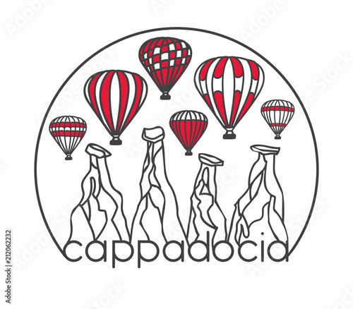 Modern illustration of a famous turkish travel destination Cappadocia. Striped air balloons, chimney rocks in half circle frame. Hand drawn doodle black outline and red color blocks on white.