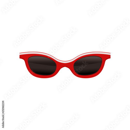 Vintage sunglasses with black lenses and red frame. Fashion eyewear for summer season. Stylish women's accessory. Flat vector design