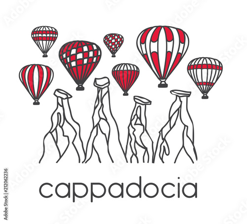 Modern illustration of a famous turkish travel destination Cappadocia and its symbol bright air balloons. Hand drawn doodle objects in clear design style: black outline and red color blocks on white.