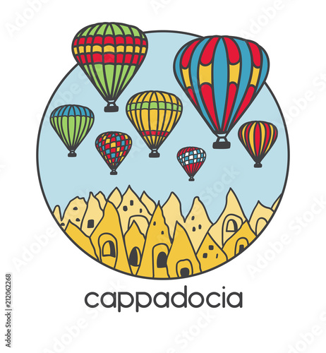 Modern illustration of a famous turkish travel destination Cappadocia and its symbol bright air balloons. Hand drawn doodle objects in clear design style: black outline and red color blocks on white.