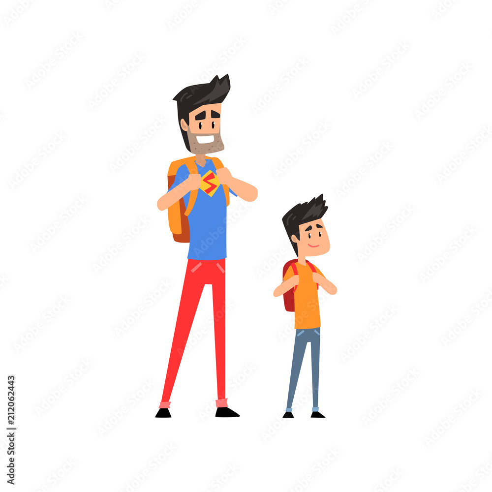 Super hero dad and his son standing with backpacks vector Illustration on a white background Super hero dad and his son standing with backpacks vector Illustration on a white background