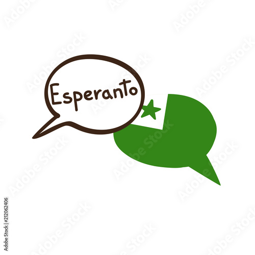 Esperanto. Vector illustration of hand drawn doodle speech bubbles with a flag and hand written name of the language. Linguistic course or translation agency design