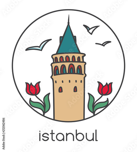Vector illustration of famous landmark in Istanbul - Galata tower, tulip flowers and seagulls. Hand drawn doodle architecture in circle frame. Tourism and travel print design with turkish symbols.