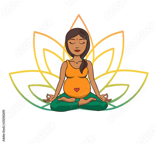 Prenatal yoga. Vector illustration of young cute Indian girl meditating in lotus position with flower petals in green and yellow gradient colors behind. Pregnant woman doing meditation practice.