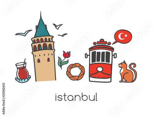 Vector illustration Istanbul with hand drawn doodle turkish symbols: Galata tower, tea glass, tram, simit bagel, seagull, tulip and a national flag of Turkey. Bright colorful elements on white.