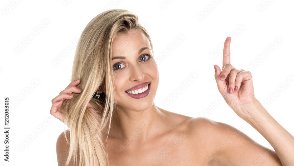 Photo of energetic nice smiling lady wearing grey top isolated on white background pointing her finger in eureka sign, having great innovative idea, understanding or solution she has just got. Photo of energetic nice smiling lady wearing grey top isolated on white background pointing her finger in eureka sign, having great innovative idea, understanding or solution she has just got.