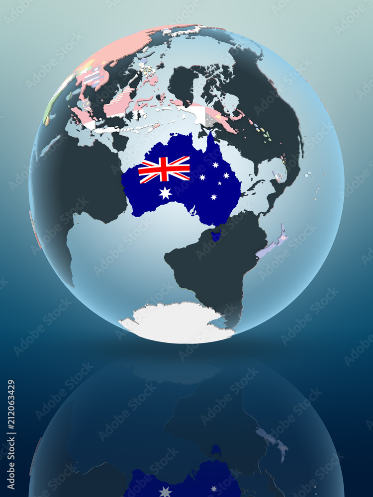 Obraz premium Australia on globe with flags