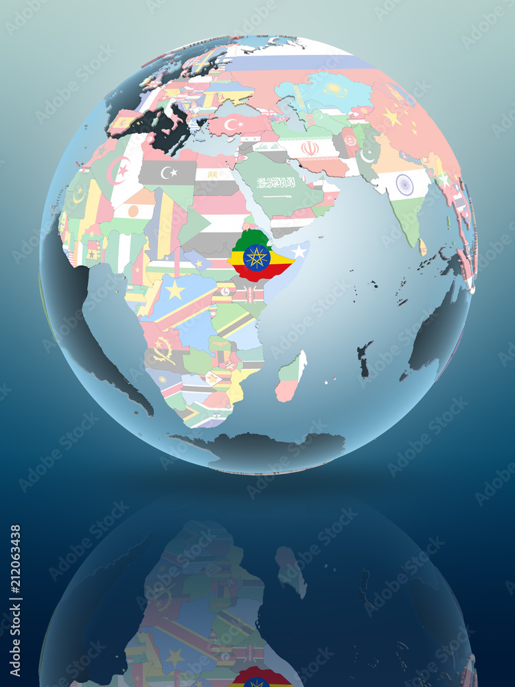 Obraz premium Ethiopia on globe with flags