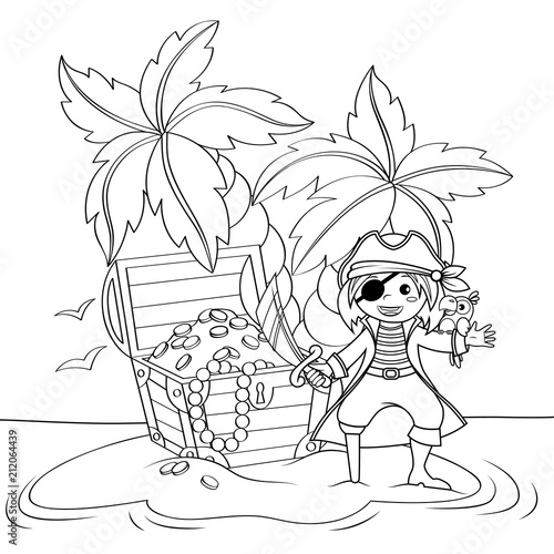 Cute little pirate and treasure chest on deserted beach with palm trees. Black and white vector illustration for coloring book