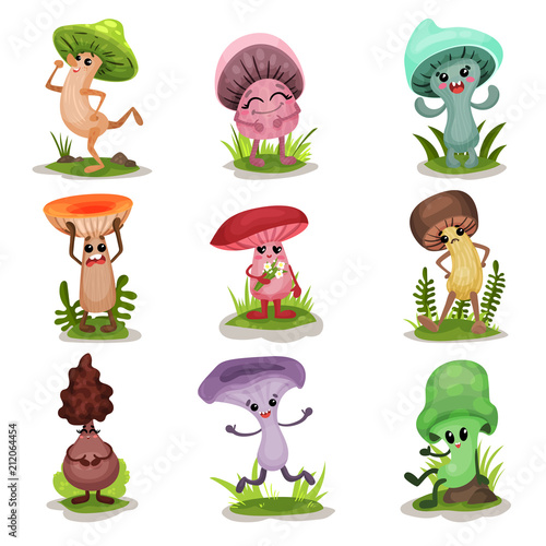 Funny mushrooms set, colorful mashroom characters with human face showing various emotions vector Illustrations on a white background