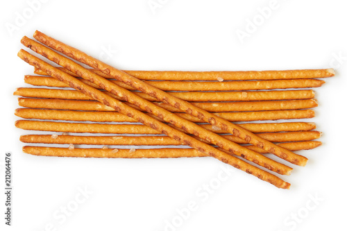 Group of salted pretzel sticks isolated on white background