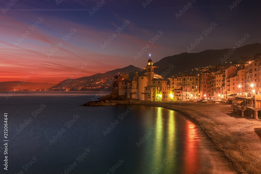 Beautiful Small Mediterranean City after sunset with colorful illumination - Camogli, Italy, European travel