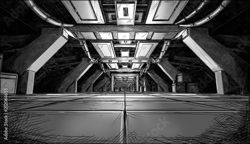 Fototapeta Naklejka Na Ścianę i Meble -  Comic cartoon concept art drawing of dark abstract sci fi futuristic space ship or station interior corridor or hallway design.