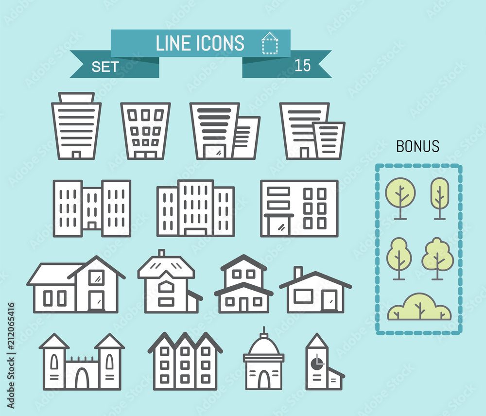 Set of linear house and building icons