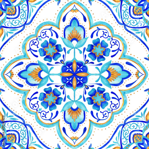 Moroccan medallion seamless tile - aqua, turquoise and gold