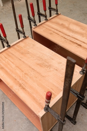 Foto Clamps.  Cabinet maker. Shipbuilding interior.