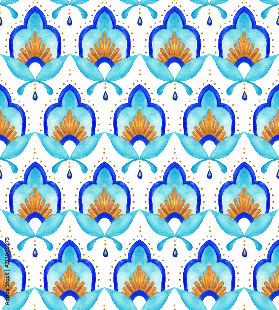 Moroccan floral seamless tile - aqua, turquoise and gold Moroccan floral seamless tile - aqua, turquoise and gold
