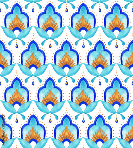 Moroccan floral seamless tile - aqua, turquoise and gold